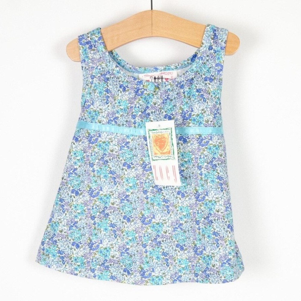 Zoey Floral Dress Baby 3-6 Months Blue‎ Vintage 90s Sleeveless Ribbon Tie NWT